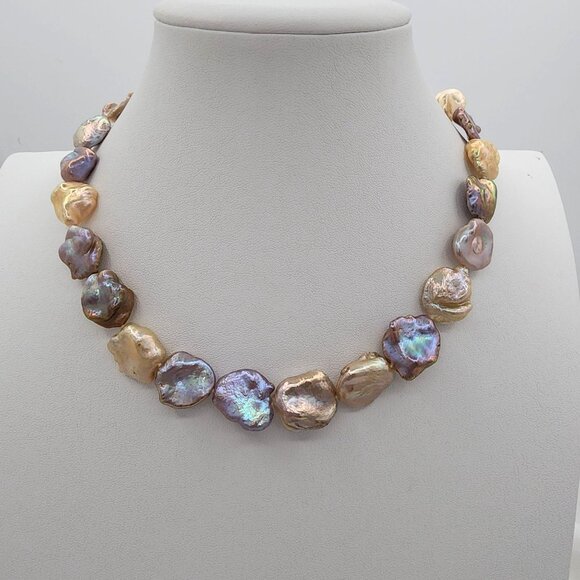 Large Keshi Baroque Pearl Necklace And Bracelet Set, Rainbow Colors 925  SS - Picture 15 of 15